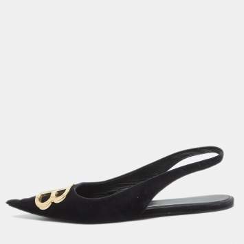 Pre Owned Balenciaga Black Velvet BB Pointed Toe Slingback Flats Size 38
