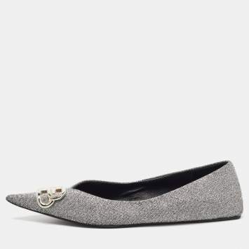 Pre Owned Balenciaga Silver Glitter Fabric BB Knife Flats Size 39.5