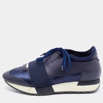 Pre Owned Balenciaga Blue Leather and Satin Race Runner Sneakers Size 37
