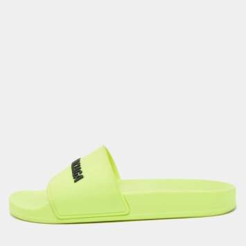 Pre Owned Balenciaga Neon Yellow Rubber Logo Slides Size 37