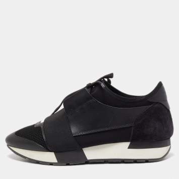 Pre Owned Balenciaga Black Leather and Mesh Race Runner Sneakers Size 38