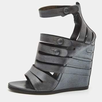 Pre Owned Balenciaga Grey Leather Wedge Ankle Strap Sandals Size 40