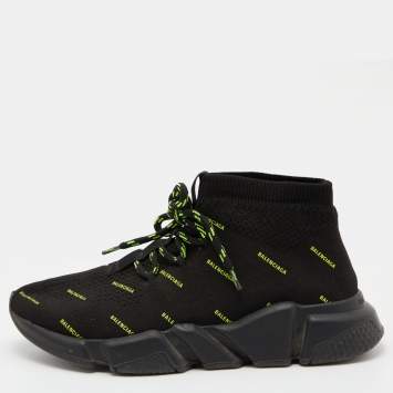 مملوكة مسبقًا Balenciaga Black Knit Fabric Speed Trainer Neon Logo Lace Up Sock Sneakers Size 38