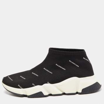 Pre Owned Balenciaga Black Logo Print Knit Fabric Speed Trainer Sneakers Size 38