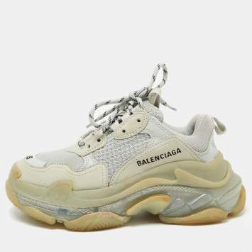 Pre Owned Balenciaga Grey Mesh and Leather Triple S Clear Sole Sneakers Size 35
