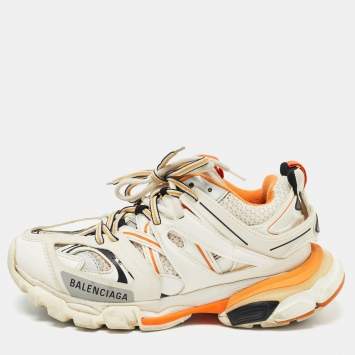 Pre Owned Balenciaga White/Orange Mesh and Synthetic Leather Track Low Top Sneakers Size 37
