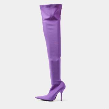 Pre Owned Balenciaga Purple Stretch Fabric Over The Knee Boots Size 38