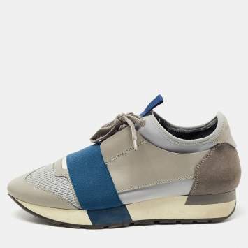 Pre Owned Balenciaga Grey/Blue Mesh and Leather Race Runner Sneakers Size 37
