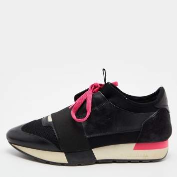 Pre Owned Balenciaga Black Leather,Suede and Mesh Race Runner Low Top Sneakers Size 37