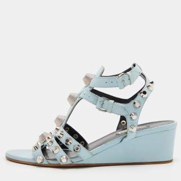 Pre Owned Balenciaga Blue Leather Arena Studded Gladiator Wedge Sandals Size 38.5