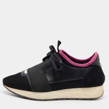 Pre Owned Balenciaga Black/Pink Leather and Mesh Race Runner Sneakers Size 38