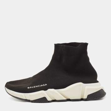 Pre Owned Balenciaga Black Knit Fabric Speed Trainer High Top Sneakers Size 38