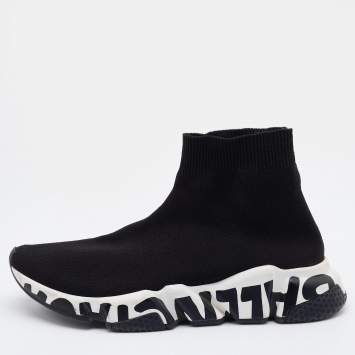 Pre Owned Balenciaga Black Knit Fabric Speed Trainer High Top Sneakers Size 38