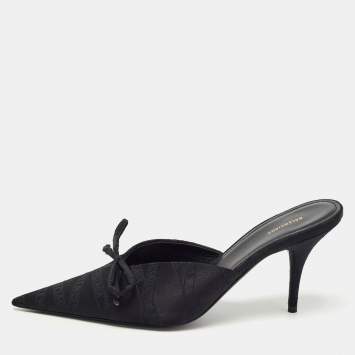 Pre Owned Balenciaga Black Logo Satin Bow Knife Mules Size 38