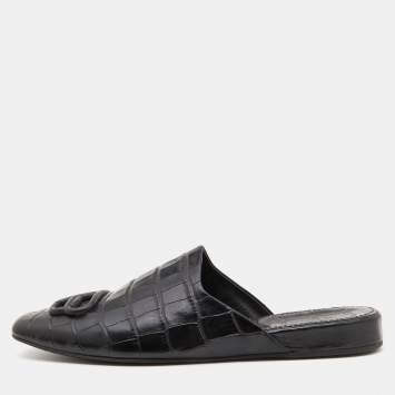 Pre Owned Balenciaga Black Croc Embossed Leather Cosy BB Flat Mules Size 38