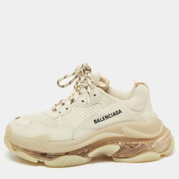 Pre Owned Balenciaga Cream Nubuck Leather and Mesh Triple S Clear Sneakers Size 39