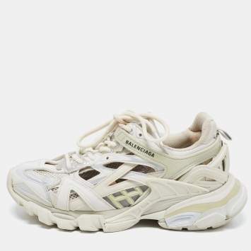 مملوكة مسبقًا Balenciaga White/Grey Leather and Mesh Track Sneakers Size 37