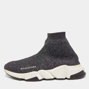 Pre Owned Balenciaga Grey/Silver Glitter Knit Fabric Speed Trainer High Top Sneakers Size 38