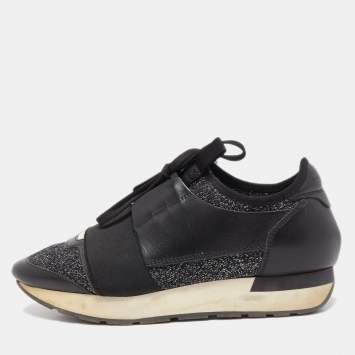Pre Owned Balenciaga Black Leather and Metallic Fabric Race Runner Sneakers Size 37