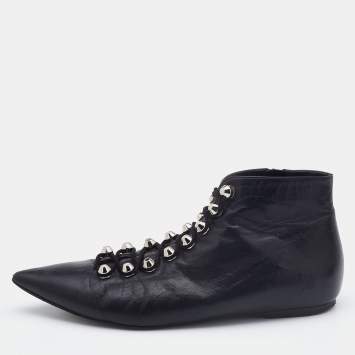 Pre Owned Balenciaga Black Leather Pointed Toe Ankle Boots Size 38.5