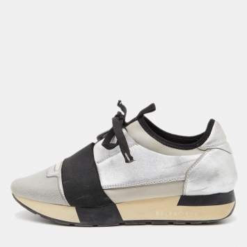 Pre Owned Balenciaga Grey/Silver Leather and Fabric Race Runner Sneakers Size 37