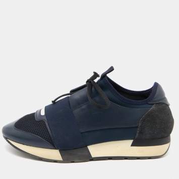 Pre Owned Balenciaga Blue Leather and Mesh Race Runner Sneakers Size 38