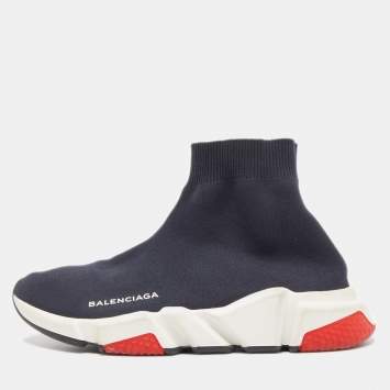 Pre Owned Balenciaga Navy Blue Knit Fabric Speed Trainer Sneakers Size 38