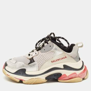 Pre Owned Balenciaga Silver/Grey Leather and Mesh Triple S Sneakers Size 38