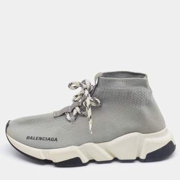 Pre Owned Balenciaga Grey Knit Fabric Speed Trainer Lace Up Sneakers Size 37
