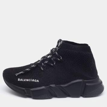 Pre Owned Balenciaga Black Glitter Knit Fabric Speed Trainer Lace Up Sneakers Size 36