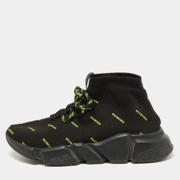 Pre Owned Balenciaga Black/Neon Green Logo Print Knit Fabric Speed Trainer Sneakers Size 38