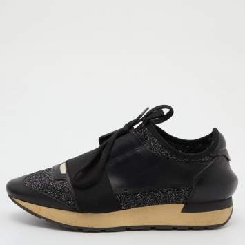 Pre Owned Balenciaga Black Leather and Glitter Fabric Race Runner Sneakers Size 38