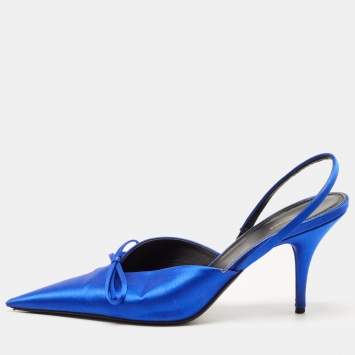 Pre Owned Balenciaga Navy Blue Satin Knife Bow Pointed Toe Slingback Pumps Size 38