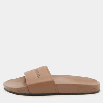 Pre Owned Balenciaga Brown Logo Print Leather Flat Slides Size 39