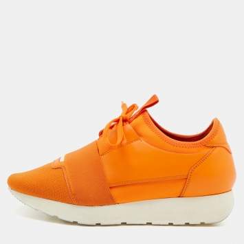 Pre Owned Balenciaga Orange Leather and Mesh Race Runner Sneakers Size 38