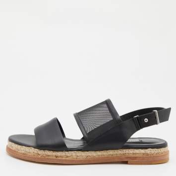 Pre Owned Balenciaga Black Leather and Mesh Espadrille Ankle Flat Sandals Size 39
