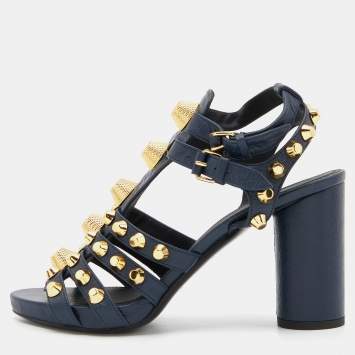 Pre Owned Balenciaga Blue Leather Arena Studded Gladiator Block Heel Sandals Size 38