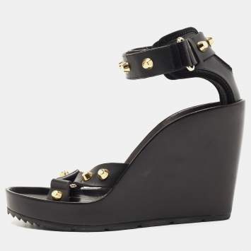 Pre Owned Balenciaga Black Leather Studded Wedge Ankle Cuff Sandals Size 37.5