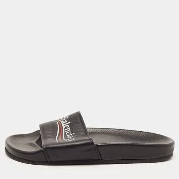 Pre Owned Balenciaga Black Leather Logo Slides Size 39