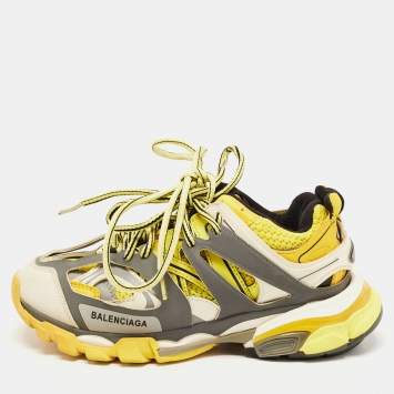 Pre Owned Balenciaga Yellow/Grey Leather and Mesh Track Sneakers Size 37