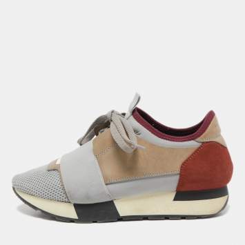 Pre Owned Balenciaga Grey/Brown Mesh and Suede Race Runner Sneakers Size 36