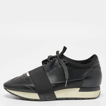 Pre Owned Balenciaga Black Leather and Satin Race Runner Sneakers Size 38