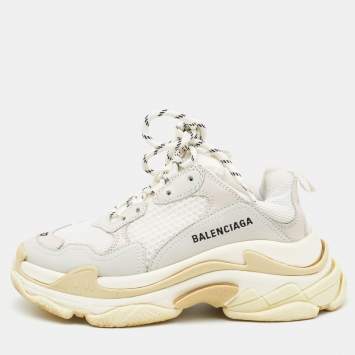 Pre Owned Balenciaga Grey/White Leather and Mesh Triple S Sneakers Size 37