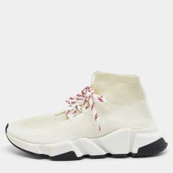 Pre Owned Balenciaga Off White Knit Fabric Speed Lace Up High Top Sneakers Size 38