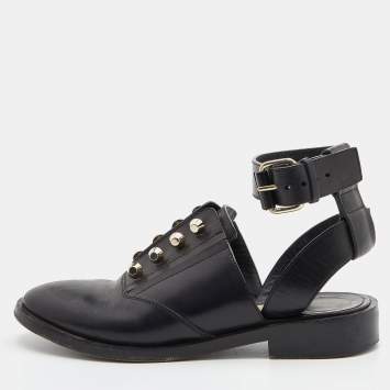 Pre Owned Balenciaga Black Leather Stud Ankle Strap Flat Mules Size 36