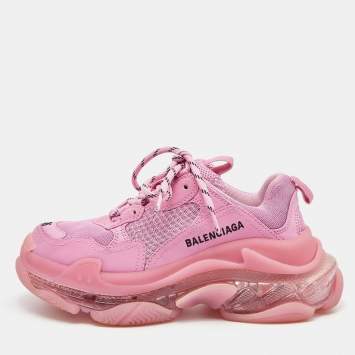 Pre Owned Balenciaga Pink Nubuck and Mesh Triple S  Clear Sneakers Size 36