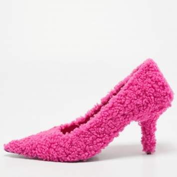 Pre Owned Balenciaga Pink Shealing Fur Knife Pumps Size 38.5