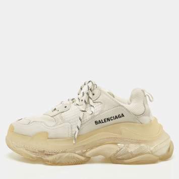 Pre Owned Balenciaga Grey/White Leather and Mesh Triple S Clear Sneakers Size 38