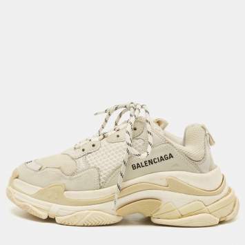 Pre Owned Balenciaga White/Grey Mesh and Leather Triple S Sneakers Size 38
