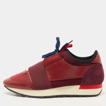 Pre Owned Balenciaga Burgundy Leather and Mesh Race Runner Sneakers Size 38